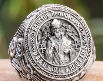 Saint Benedict Silver Signet Ring, 925k Exorcism Medal