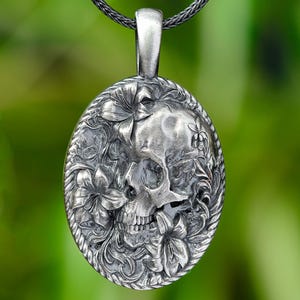 Silver Skull Flower Pendant For Man Sugar Skull Necklace Sterling Charm Handmade Skull Medallion Gothic Human Skull Biker Jewelry Gift Him