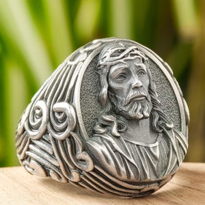 Jesus Christ Signet, Crucifixion Silver Ring, Religious Statement Ring, Christian Jewelry for Men Faith 925 Sterling Silver Gift For Husband