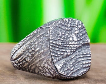 Oxidized Sterling Silver Crocodile Skin Signet Ring, Handmade Reptile Jewelry