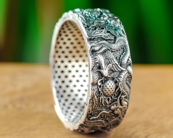 Dragon Phoenix Sterling Silver Band Ring, Japanese Art Jewelry