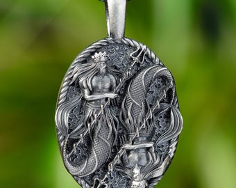 Collar de Poseidón en plata de ley: colgante de dios griego antiguo con dije de Neptuno