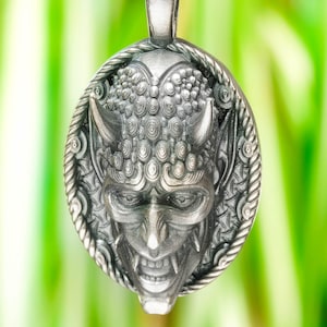 Japanese Hannya Necklace, Sterling Samurai Jewelry Silver Oni Mask Pendant, Mens Oxidized Demon Charm Handmade Japan Art Gift For Man Dad
