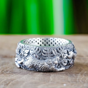 Silver Rabbit Ring in Forest, Bunny Promise Ring Nature Wedding Band Dainty Woman Bunny Ring For Couples Sterling Wild Rabbit Cool Male Ring