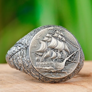 Ship Signet Ring - Sterling Silver Navy Ring For Mens Nautical Ring - Jewelry Gift For Husband or Boyfriend Sailing Pirate Ship Ring For Dad