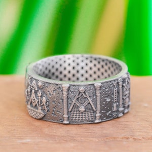 Masonic Rings For Men Silver Freemason Ring Unique Oxidized Mason Band Sterling Freemasonry Jewelry