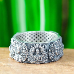 Khmer Goddess Apsara Ring, Thai Temple Ring Sterling Silver Ring Ancient Mythology Ring Thailand Cambodian Religious Ring Mens Buddhist Ring