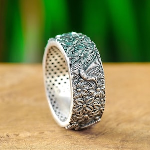 Zilveren ring kolibrie, sierlijke bloemenringen voor dames en heren handgemaakte pinkring, unieke sterlingvogelring, unisex bloemsieraden cadeau