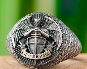 Bague Homme Saint Michel En Acier Inoxydable - Chevalière Archange Avec Médaillon - Style Vintage Biker