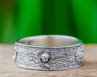 Sterling Silver Cherub Angel Ring, Unisex Guardian Band
