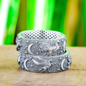 Sterling Silver Unicorn Ring, Pegasus Moon & Stars Band