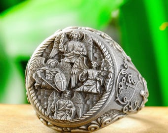Anello con sigillo degli Arcangeli in argento sterling, San Michele, Gabriele, Raffaele, Uriel, anello cattolico di protezione