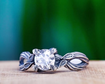 Bague branche en argent sterling avec zircon - Alliance inspirée de la nature