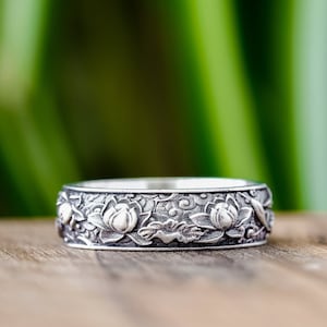 Mens Lotus Flower Ring Japanese Kanji Wedding Ring Unique Promise Rings For Mens Pinky Cool Ring Botanical Sterling Silver Male Ring Gift