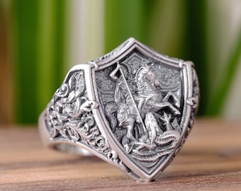 Anillo de sello con escudo de San Jorge en plata de ley, joyería cristiana