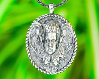 Ciondolo a forma di angelo in argento sterling, collana con cherubino inciso, gioielli cristiani