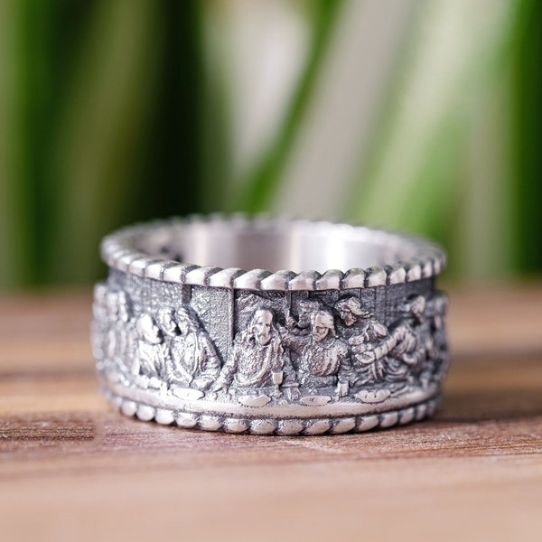 Bague La Cène, bague en argent Da Vinci, alliance pour homme, cadeau unique, bague Jésus en argent sterling pour homme, bague auriculaire catholique, bijoux chrétiens