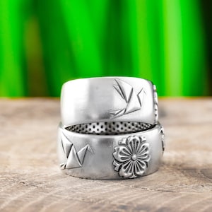 Silver Cherry Blossom Ring Japanese Origami Ring Sterling Sakura Flower Rings For Men Wedding Ring Botanical Promise Ring For Couples Gift