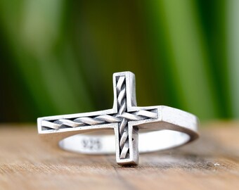 Sterling Silver Christian Cross Ring, Handmade Religious Band