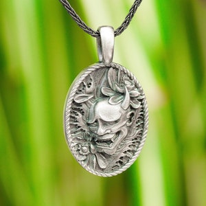 Silver Oni Mask Pendant, Japanese Hannya Necklace, Sterling Samurai Jewelry Mens Oxidized Demon Charm Handmade Mythical Ancient Gift For Man