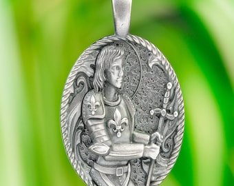 Sterlingzilveren hanger heilige Jeanne d'Arc – katholieke ketting, Franse Fleur De Lys
