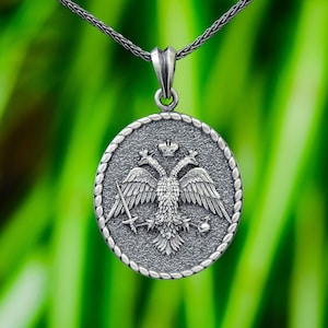 Double Headed Eagle Necklace Men Sterling Silver Byzantine Pendant Two Head Medallion Coat Of Arms Emblem Imperial Locket Heraldic Jewelry