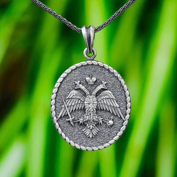 Double Headed Eagle Necklace Men Sterling Silver Byzantine Pendant Two Head Medallion Coat Of Arms Emblem Imperial Locket Heraldic Jewelry