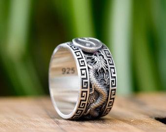 Sterling Silver Dragon Ring, Yin Yang Band, Gothic Style