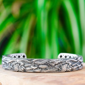 Silver Dragon Phoenix Bracelet For Mens Mythology Lover Cuff Jewelry Gift For Husband Boyfriend Bangle Oxidized Sterling Heavy Bracelet Man