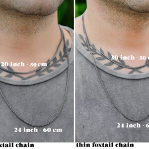 May include: Two silver foxtail chains, one thicker and one thinner, displayed around a person's neck. The chains are 20 inches (50 cm) and 24 inches (60 cm) long. Text on the image indicates the chain types.