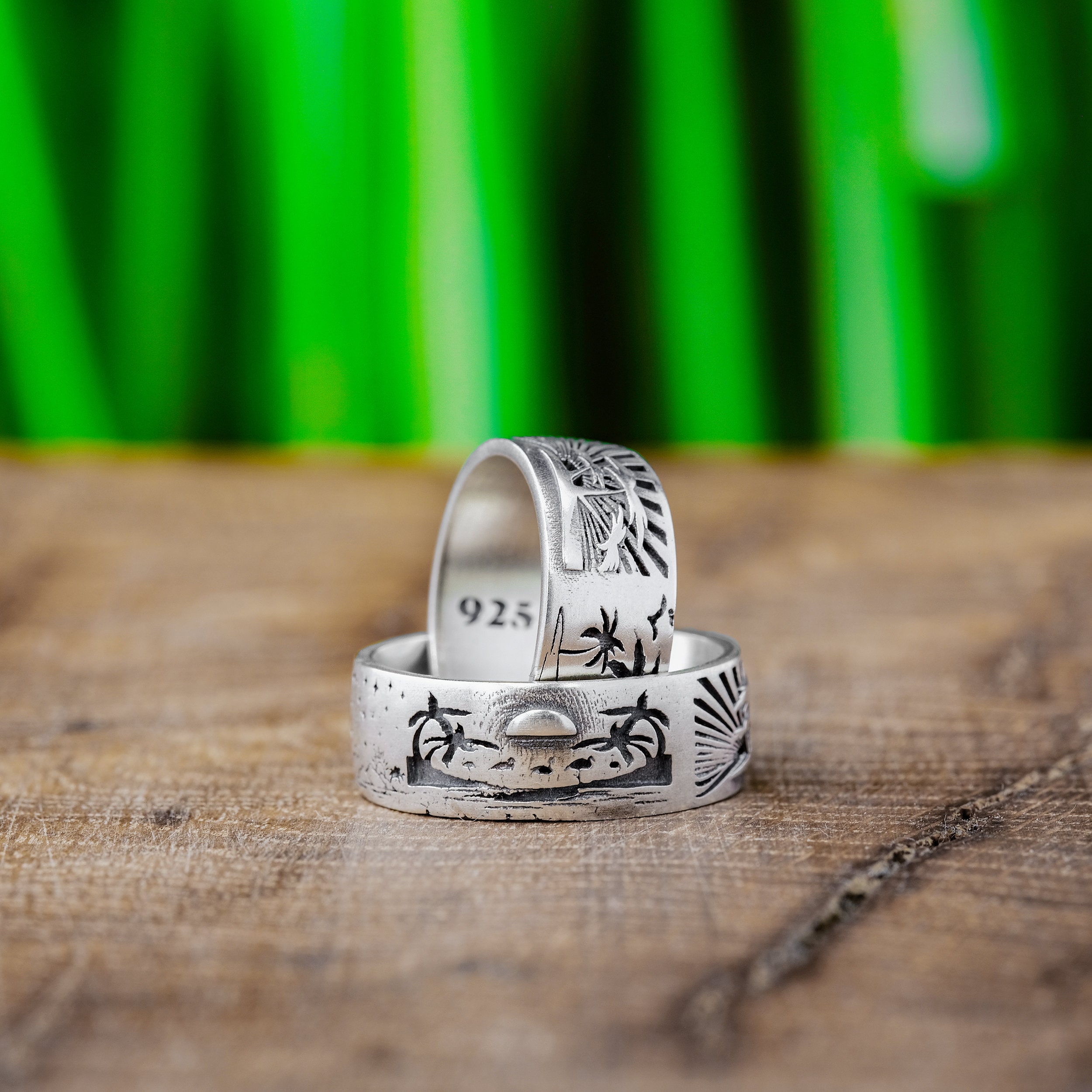 Anillo de plata con palmera grabada y puesta de sol, anillos de playa  hawaianos para hombres, anillo tropical de plata hecho a mano para mujeres,  banda de océano meñique, regalo único de, image size:2500x2500