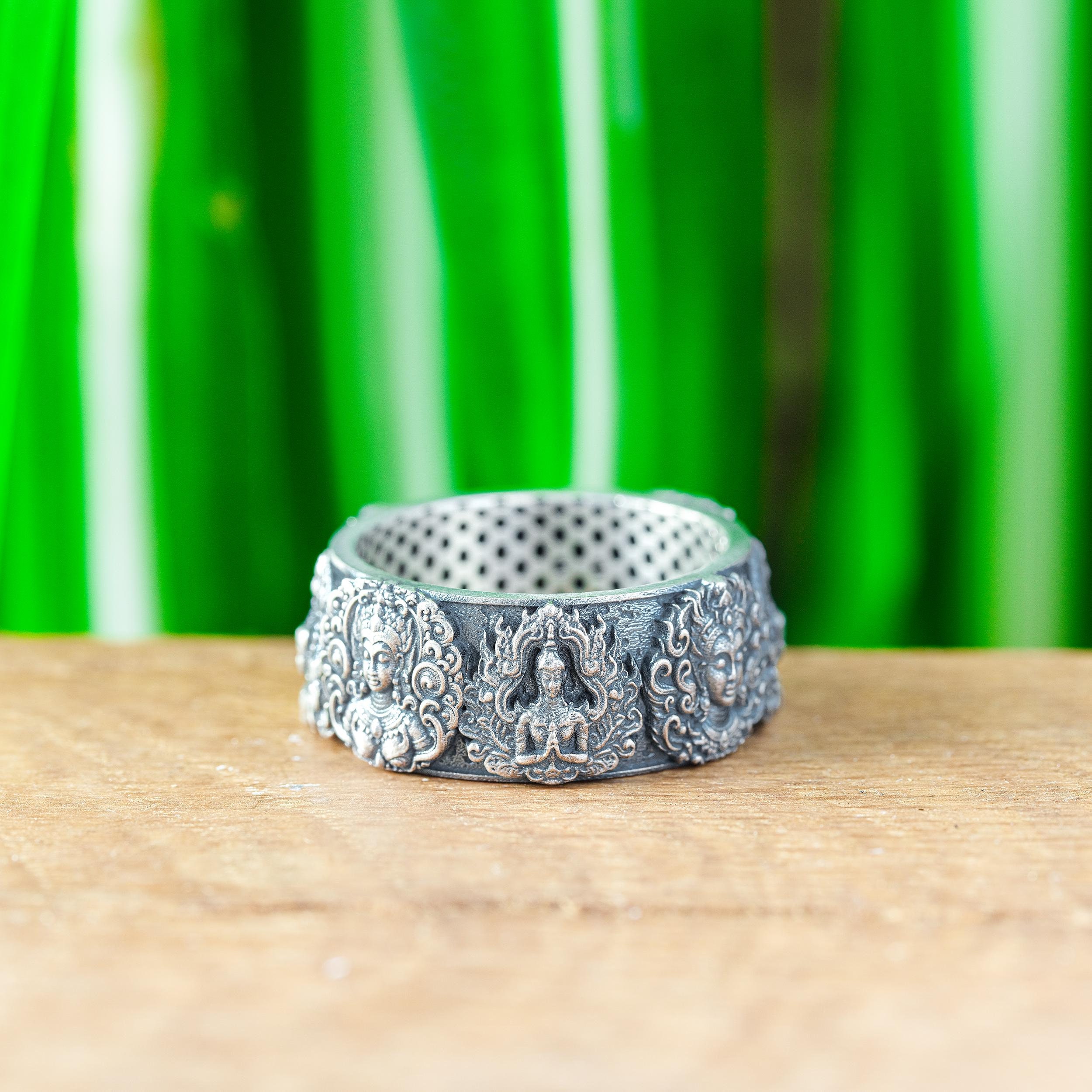 Khmer Goddess Apsara Ring, Thai Temple Ring Sterling Silver Ring Ancient Mythology Ring Thailand Cambodian Religious Ring Mens Buddhist Ring, image size:2500x2500