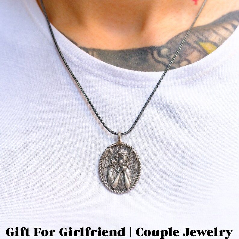 Guardian Angel Pendant, Dainty Protection Necklace, Engraved Winged Angel Charm Christian Mothers Jewelry Personalized Handmade Gift For Her