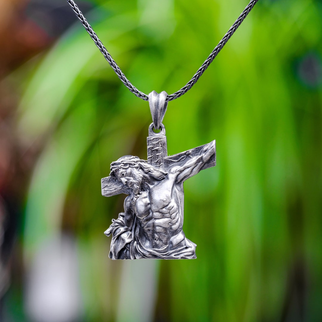 Jesus Crucifix Necklace Mens Silver Cross Pendant Sterling Christian