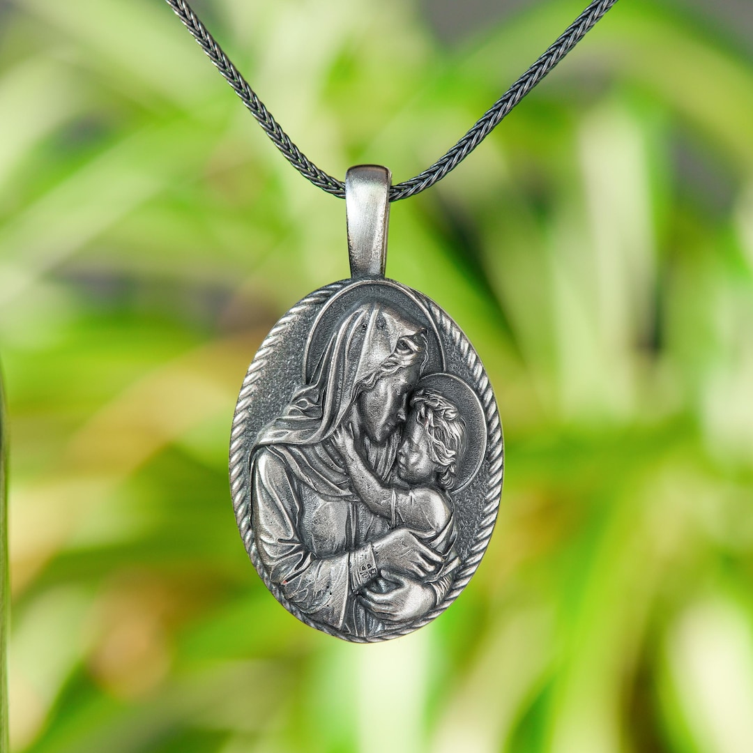 Sterling Silver Virgin Mary Pendant, Mother and Child Catholic Necklace ...
