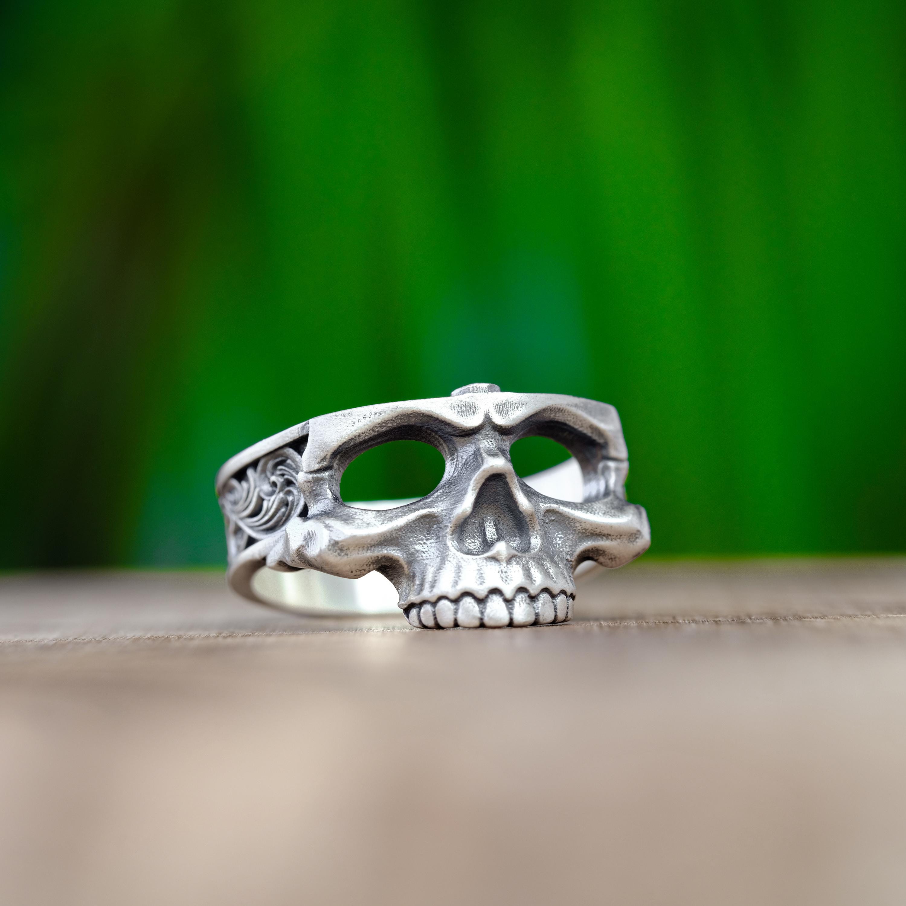 Sterling Silver Half Skull Ring, White Zircon Gemstone Signet - Etsy