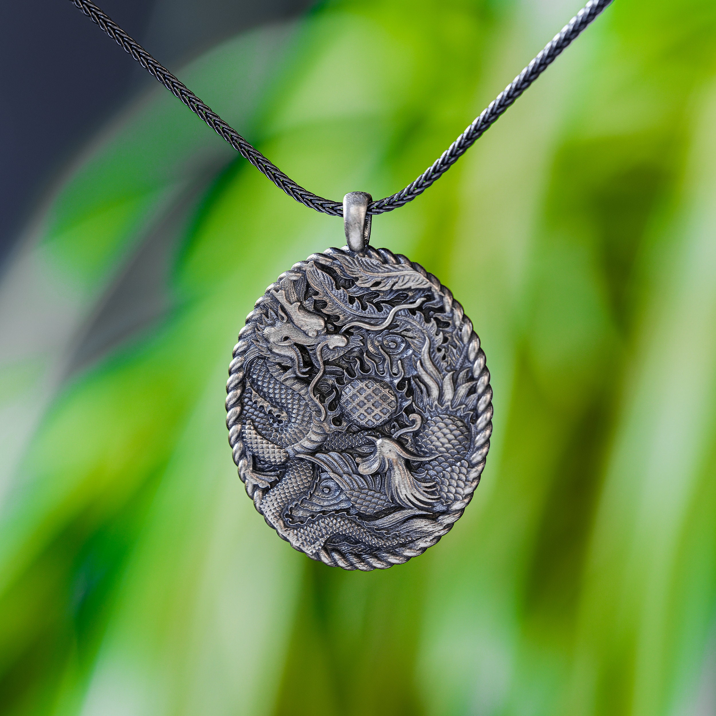 Dragon Phoenix Pendant, Sterling Silver Chinese Necklace, Engraved