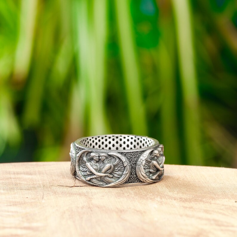 Sterling Silver Guardian Angel Ring, Winged Twins, Religious Protection ...