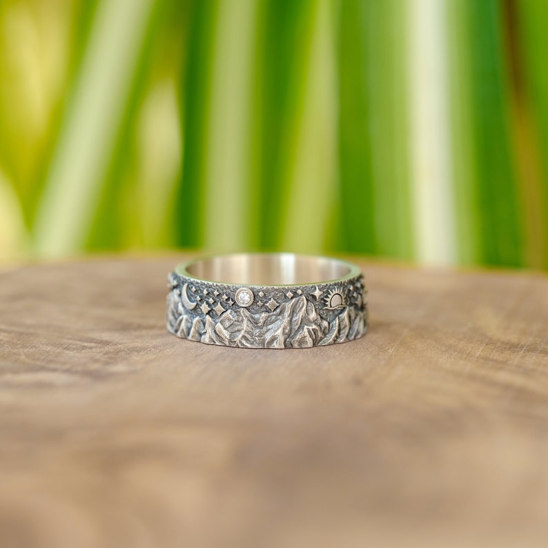 Anillos de montaña de plata para hombre, banda de promesa, anillo de bodas de naturaleza esterlina, joyería para parejas para novio, regalo de compromiso meñique masculino genial imagen 1