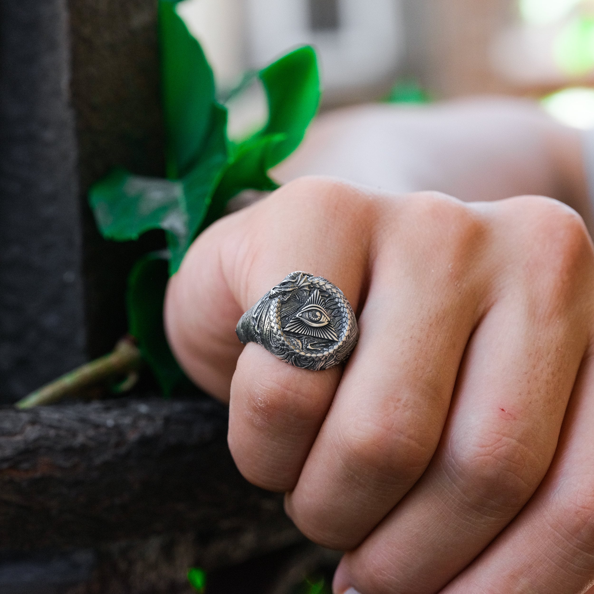 Ouroboros Signet Ring, All Seeing Eye Pinky Ring, Unique Dragon