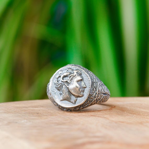 Alexander Great Signet Ring Sterling Silver Rings for Mens Greek