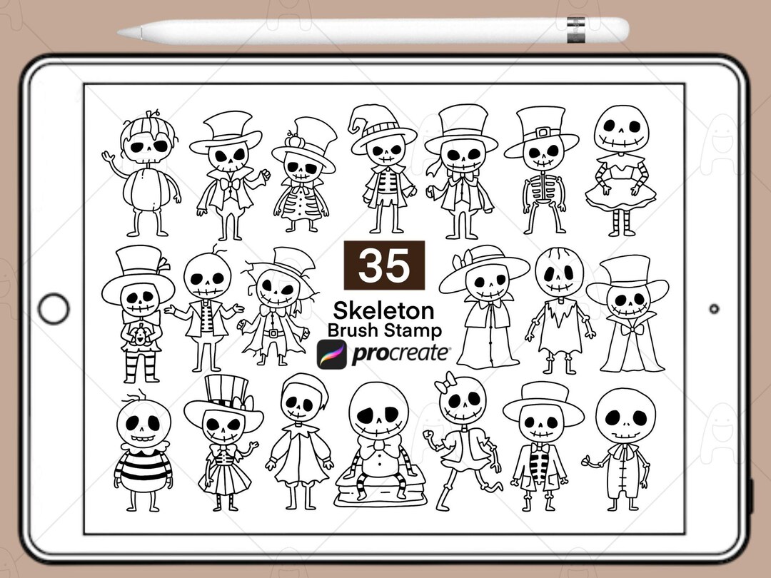 Procreate Doodle Stamp Brushes, Cute Skeleton | Halloween Procreate ...