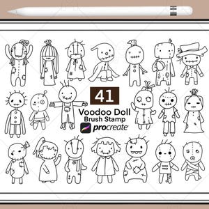 May include: A set of 41 black and white voodoo doll brush stamps for Procreate. The stamps feature various designs of voodoo dolls with different facial expressions and clothing.