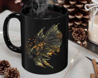 Betta Fish Coffee Mug: Black and Gold Siamese Fighting Fish, 11oz