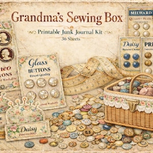 May include: A vintage-themed printable junk journal kit titled "Grandma's Sewing Box." The image features various sewing notions, including cameo and glass buttons, spools of thread, a wicker basket, and a measuring tape. The color palette is soft, with floral accents.