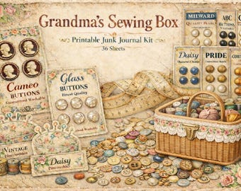 Op de afbeelding: Een vintage thema printable junk journal kit genaamd "Grandma's Sewing Box". De afbeelding toont diverse naaibenodigdheden, waaronder camee- en glazen knopen, klosjes garen, een rieten mand en een meetlint. Het kleurenpalet is zacht, met bloemaccenten.