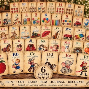 May include: A collection of educational flashcards featuring letters, numbers, and colors with vintage-style illustrations. Each card displays a letter or number alongside a corresponding image and text. A banner at the bottom reads: PRINT, CUT, LEARN, PLAY, JOURNAL, DECORATE.