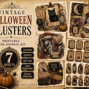 Puede incluir: Un kit de diario basura imprimible titulado Vintage Halloween Clusters con siete hojas de efímeros. La colección incluye imágenes de un gato negro, una luna creciente, murciélagos, polillas, calabazas, boletos antiguos y etiquetas.