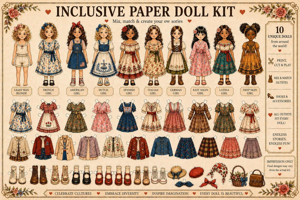 Inclusive Paper Doll Kit Printable Vintage Dress up Junk Journal ...