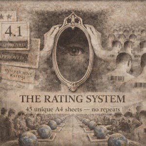 May include: A sepia-toned digital art print titled THE RATING SYSTEM featuring 45 unique A4 sheets. The image displays a central eye in an ornate oval frame, rows of figures with barcodes on their backs, and rating labels with text 4.1 APPROVED.